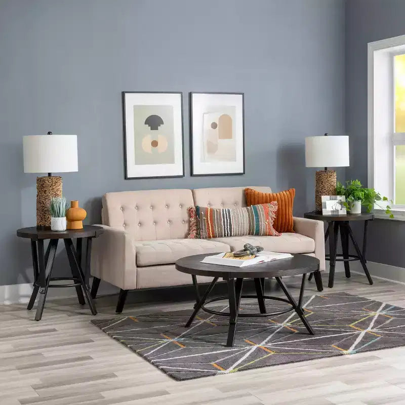 Powell 3pc Galway Wood Top and Charcoal Gray Metal Round Coffee and Side Table Set Charcoal Brown: Rustic Living Room Furniture Set