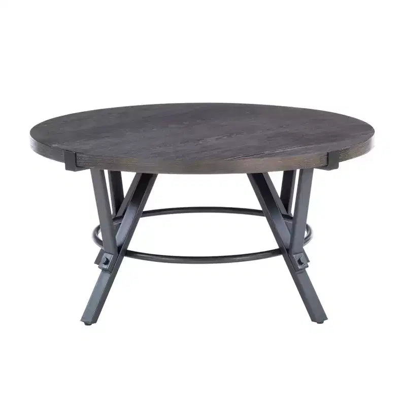 Powell 3pc Galway Wood Top and Charcoal Gray Metal Round Coffee and Side Table Set Charcoal Brown: Rustic Living Room Furniture Set