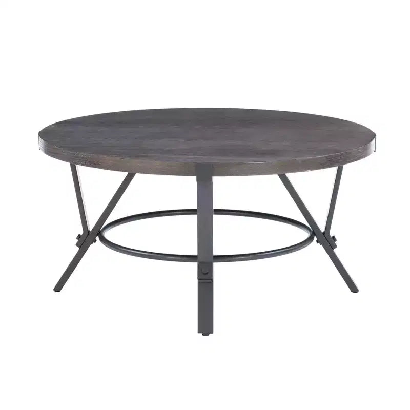 Powell 3pc Galway Wood Top and Charcoal Gray Metal Round Coffee and Side Table Set Charcoal Brown: Rustic Living Room Furniture Set