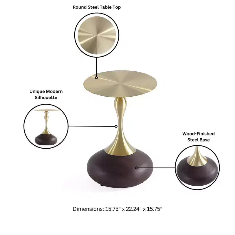 Manhattan Comfort Set of 2 Patchin End Tables with Round Metal Base and Gold Tabletop Brown Wood