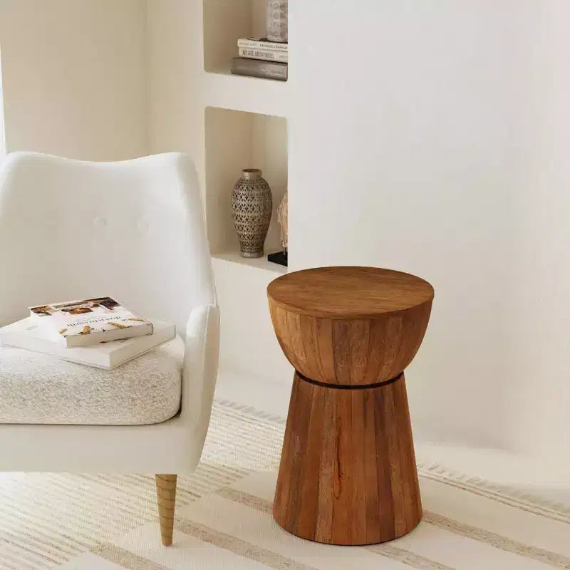 East at Main 16" Cinched Wood Drum Table Walnut: Handcrafted, Mango, No Assembly Required