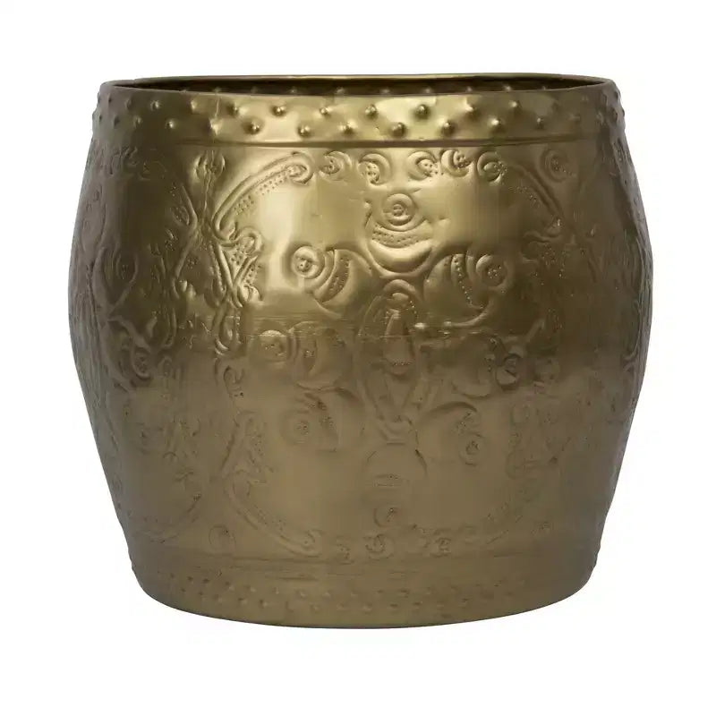 Storied Home Debossed Metal Drum Side Accent Table Brass Finish: No Assembly, Iron Frame & Top, Round Shape