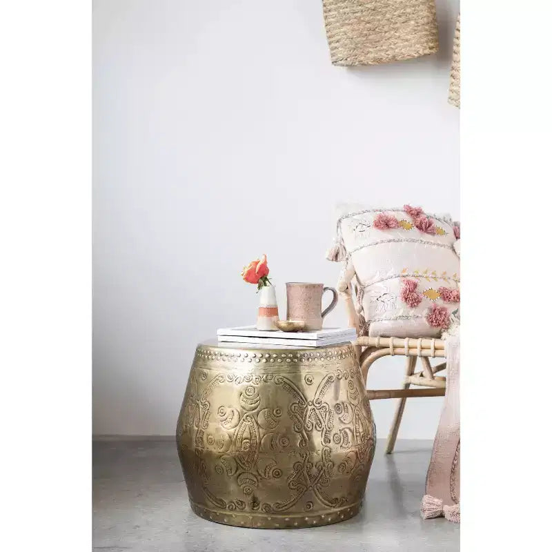 Storied Home Debossed Metal Drum Side Accent Table Brass Finish: No Assembly, Iron Frame & Top, Round Shape