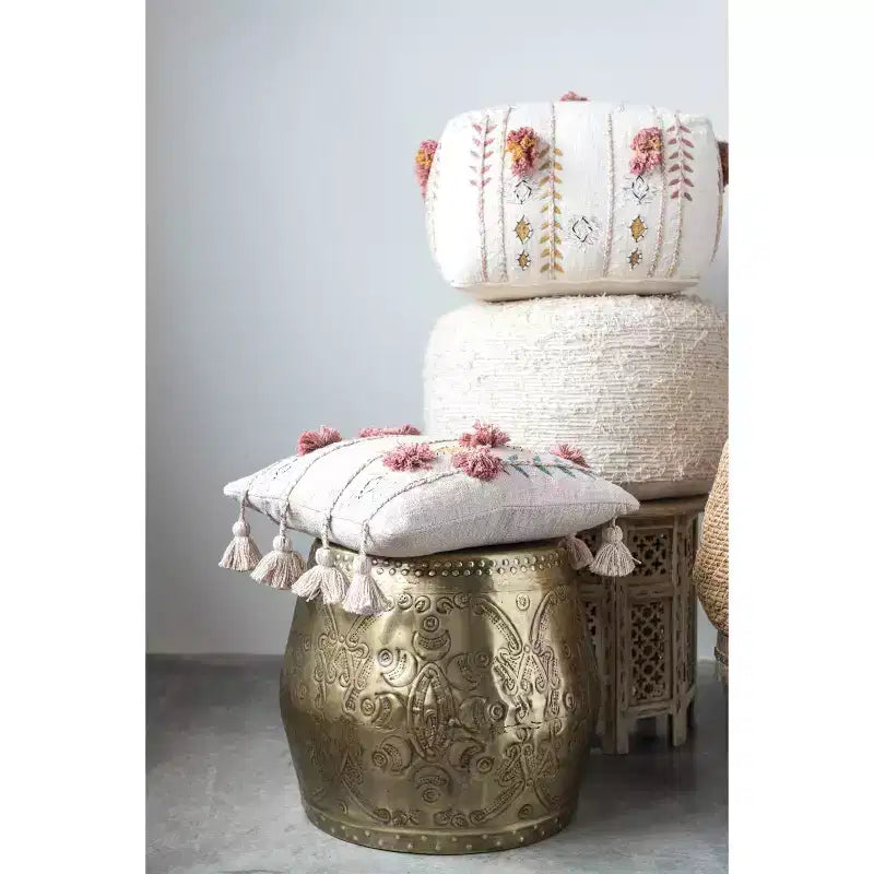 Storied Home Debossed Metal Drum Side Accent Table Brass Finish: No Assembly, Iron Frame & Top, Round Shape