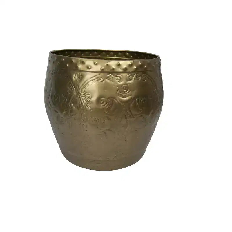 Storied Home Debossed Metal Drum Side Accent Table Brass Finish: No Assembly, Iron Frame & Top, Round Shape