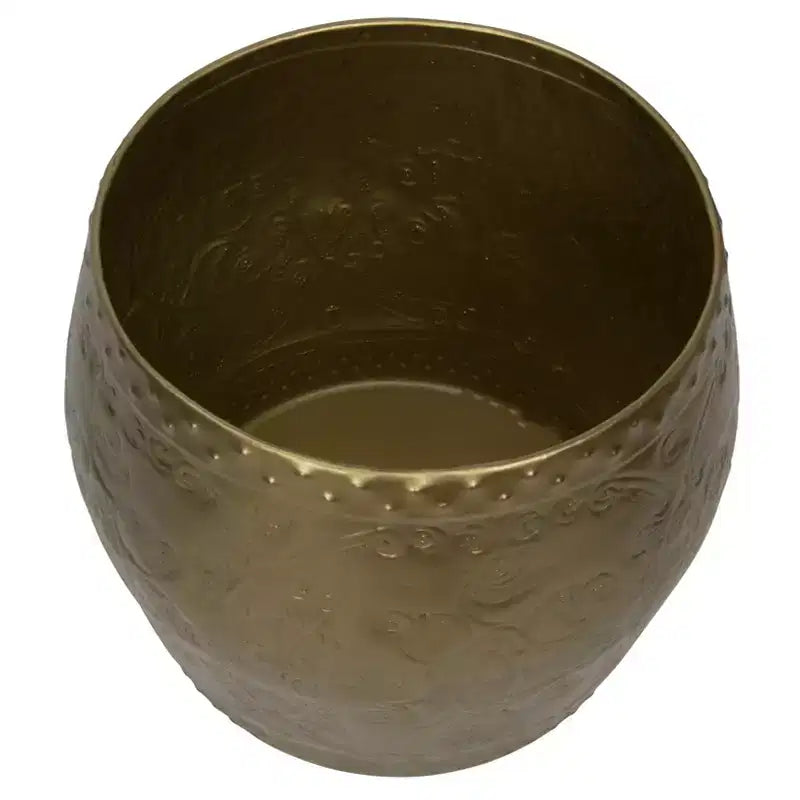 Storied Home Debossed Metal Drum Side Accent Table Brass Finish: No Assembly, Iron Frame & Top, Round Shape
