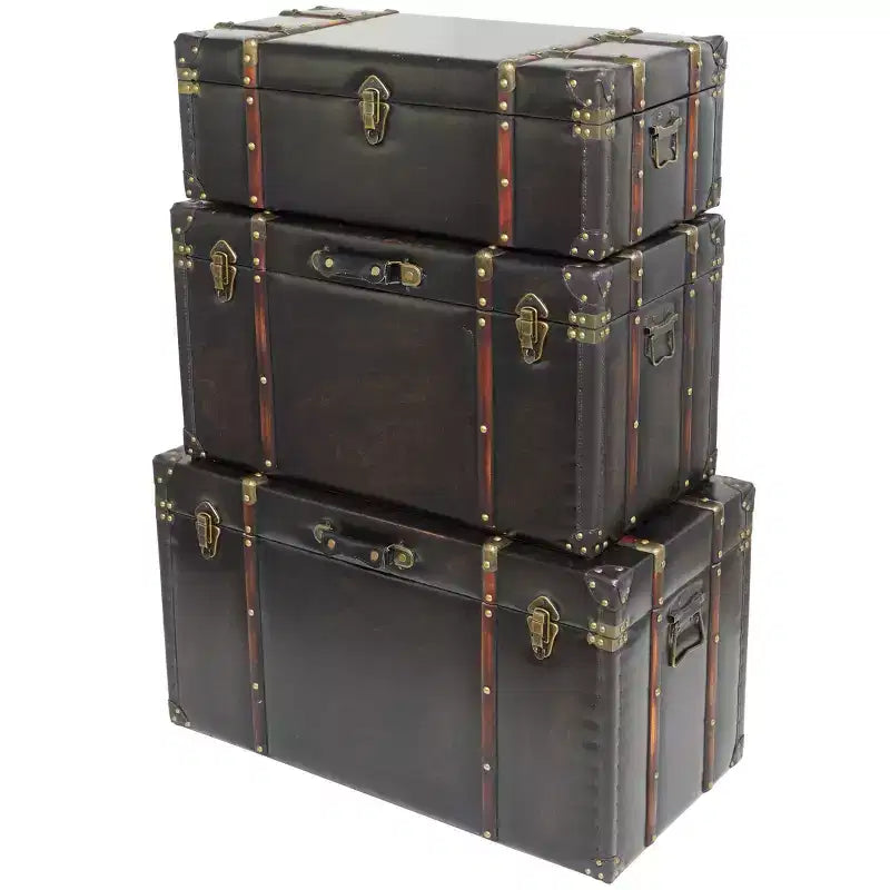 Olivia & May Set of 3 Faux Leather Studded Trunk with Latches and Handles Dark Brown: Indoor Traditional Decor, Fully Assembled