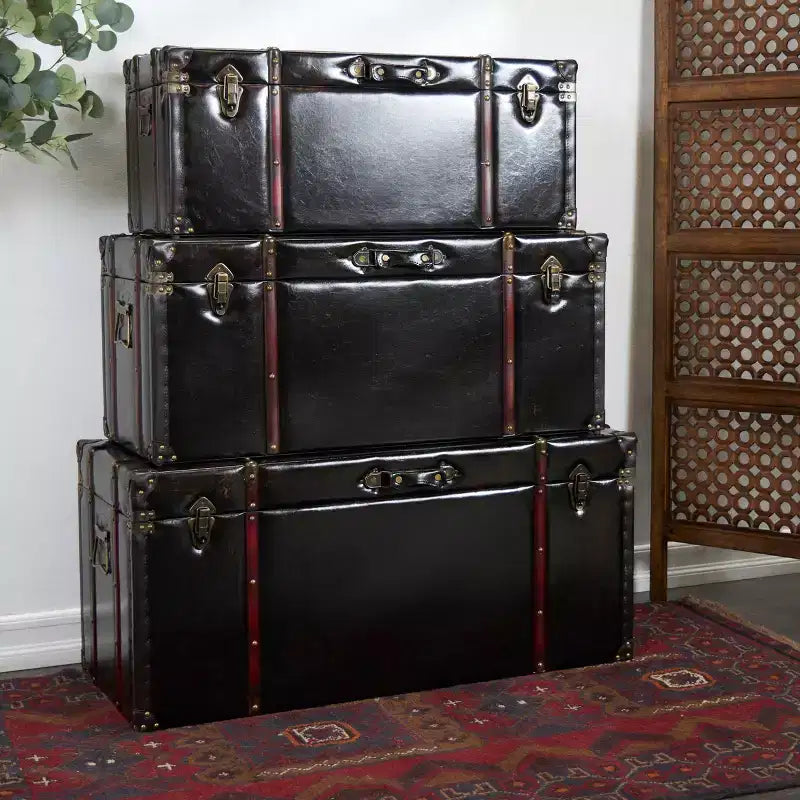 Olivia & May Set of 3 Faux Leather Studded Trunk with Latches and Handles Dark Brown: Indoor Traditional Decor, Fully Assembled