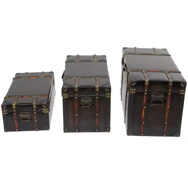 Olivia & May Set of 3 Faux Leather Studded Trunk with Latches and Handles Dark Brown: Indoor Traditional Decor, Fully Assembled