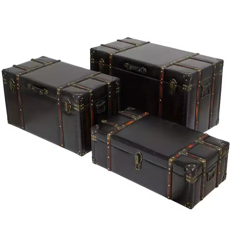 Olivia & May Set of 3 Faux Leather Studded Trunk with Latches and Handles Dark Brown: Indoor Traditional Decor, Fully Assembled