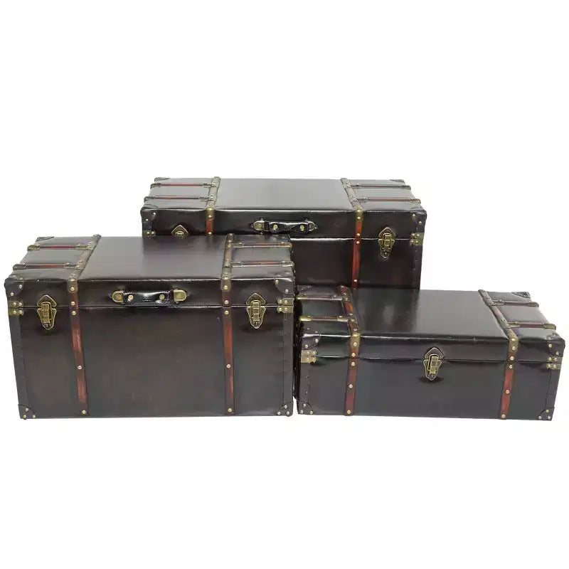 Olivia & May Set of 3 Faux Leather Studded Trunk with Latches and Handles Dark Brown: Indoor Traditional Decor, Fully Assembled