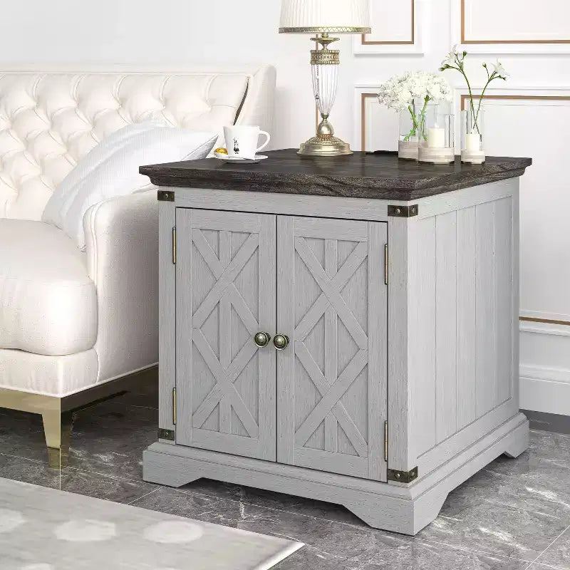 Festivo 2 Door Side Table Gray: Farmhouse Style, Built-in USB/AC Outlets, Adjustable Shelf