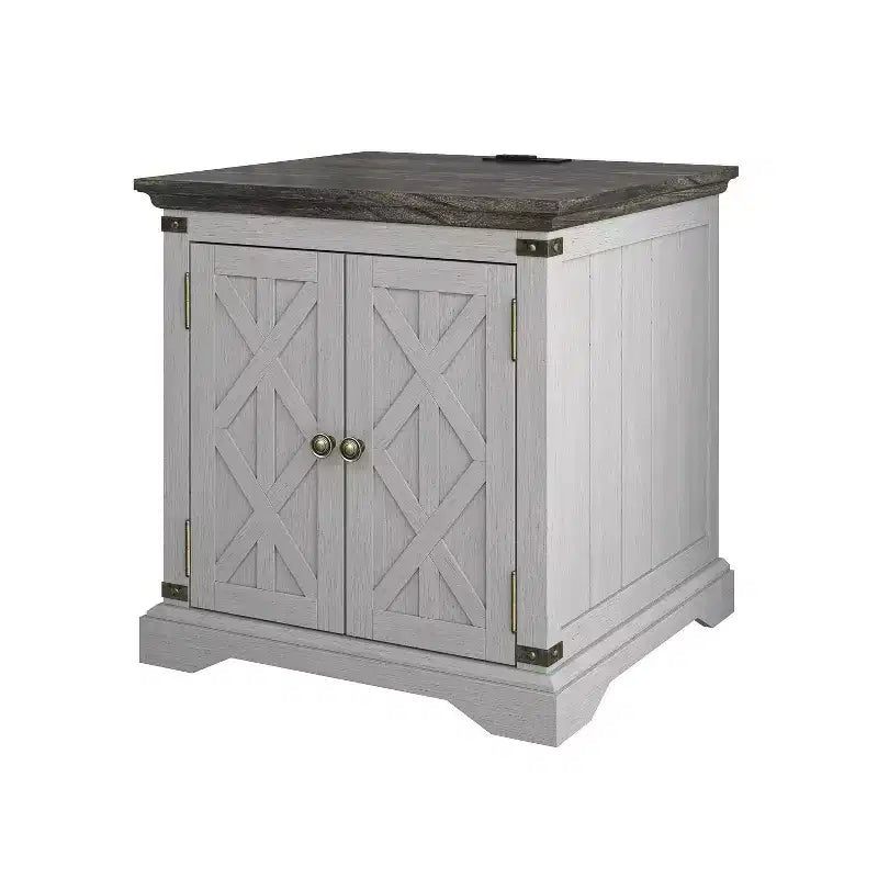 Festivo 2 Door Side Table Gray: Farmhouse Style, Built-in USB/AC Outlets, Adjustable Shelf
