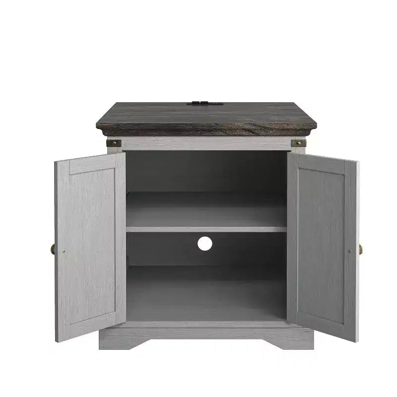 Festivo 2 Door Side Table Gray: Farmhouse Style, Built-in USB/AC Outlets, Adjustable Shelf