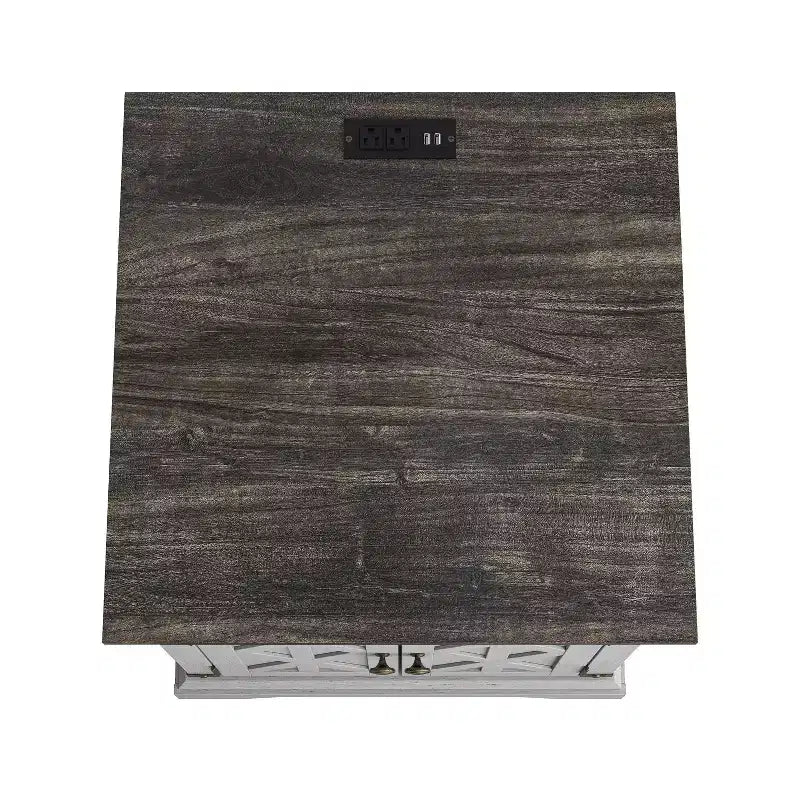Festivo 2 Door Side Table Gray: Farmhouse Style, Built-in USB/AC Outlets, Adjustable Shelf