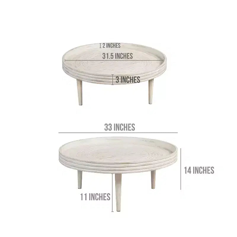 The Urban Port 33" Coffee Table Solid Mango Wood Handcrafted Round Grooved Raised Edge Distressed White