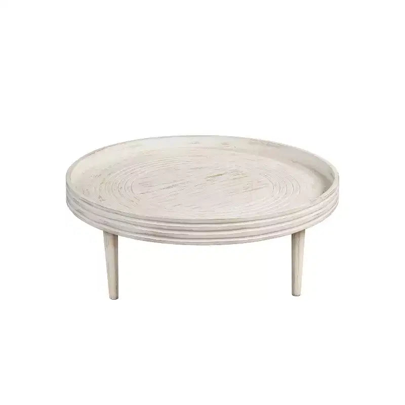 The Urban Port 33" Coffee Table Solid Mango Wood Handcrafted Round Grooved Raised Edge Distressed White