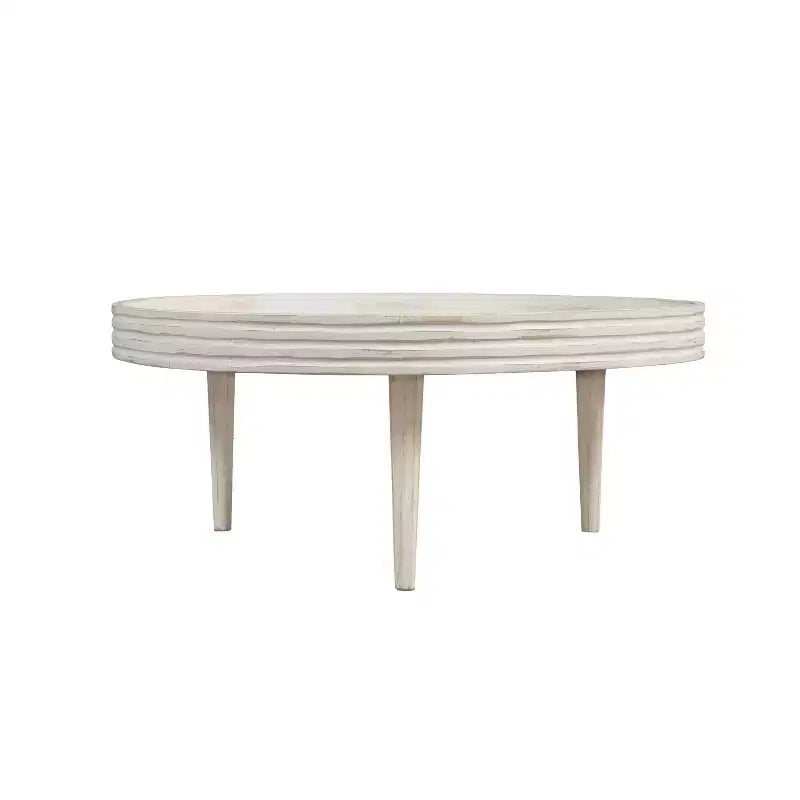 The Urban Port 33" Coffee Table Solid Mango Wood Handcrafted Round Grooved Raised Edge Distressed White