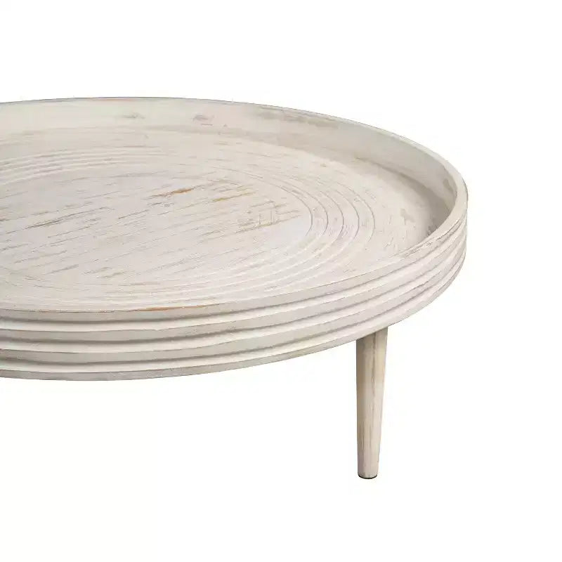 The Urban Port 33" Coffee Table Solid Mango Wood Handcrafted Round Grooved Raised Edge Distressed White