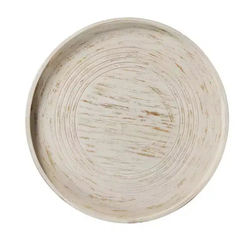 The Urban Port 33" Coffee Table Solid Mango Wood Handcrafted Round Grooved Raised Edge Distressed White