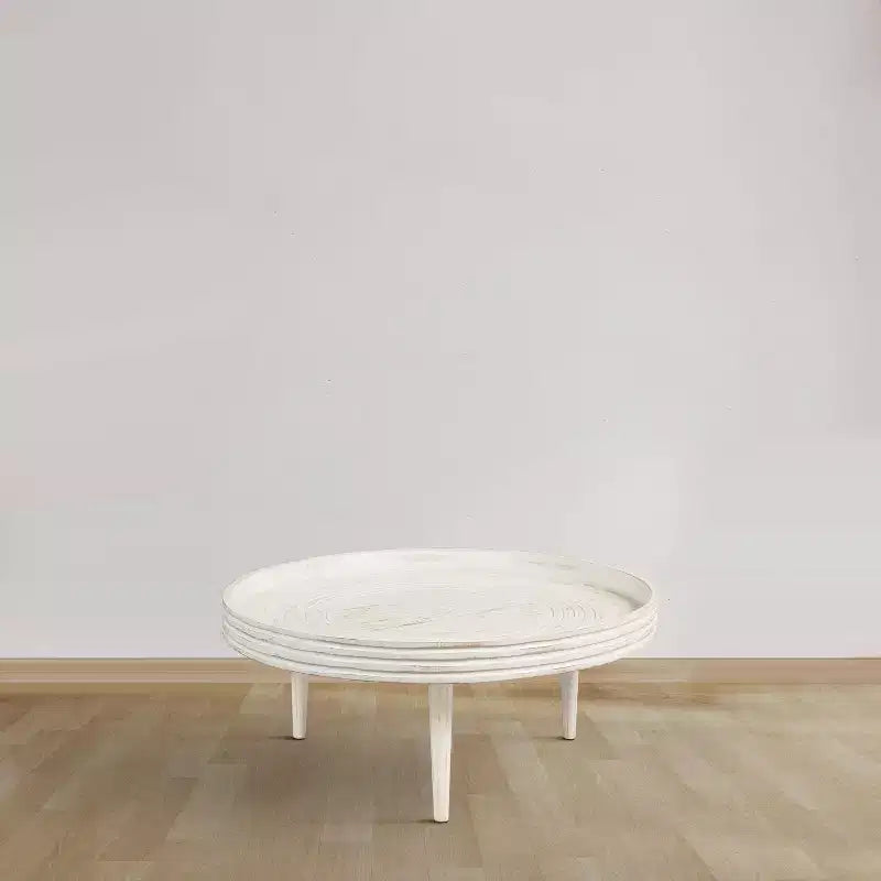 The Urban Port 33" Coffee Table Solid Mango Wood Handcrafted Round Grooved Raised Edge Distressed White