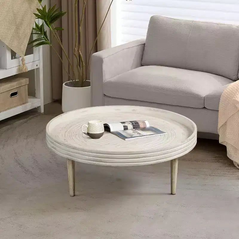 The Urban Port 33" Coffee Table Solid Mango Wood Handcrafted Round Grooved Raised Edge Distressed White