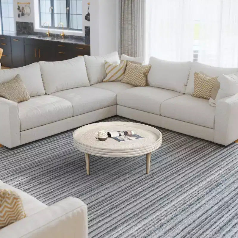 The Urban Port 33" Coffee Table Solid Mango Wood Handcrafted Round Grooved Raised Edge Distressed White