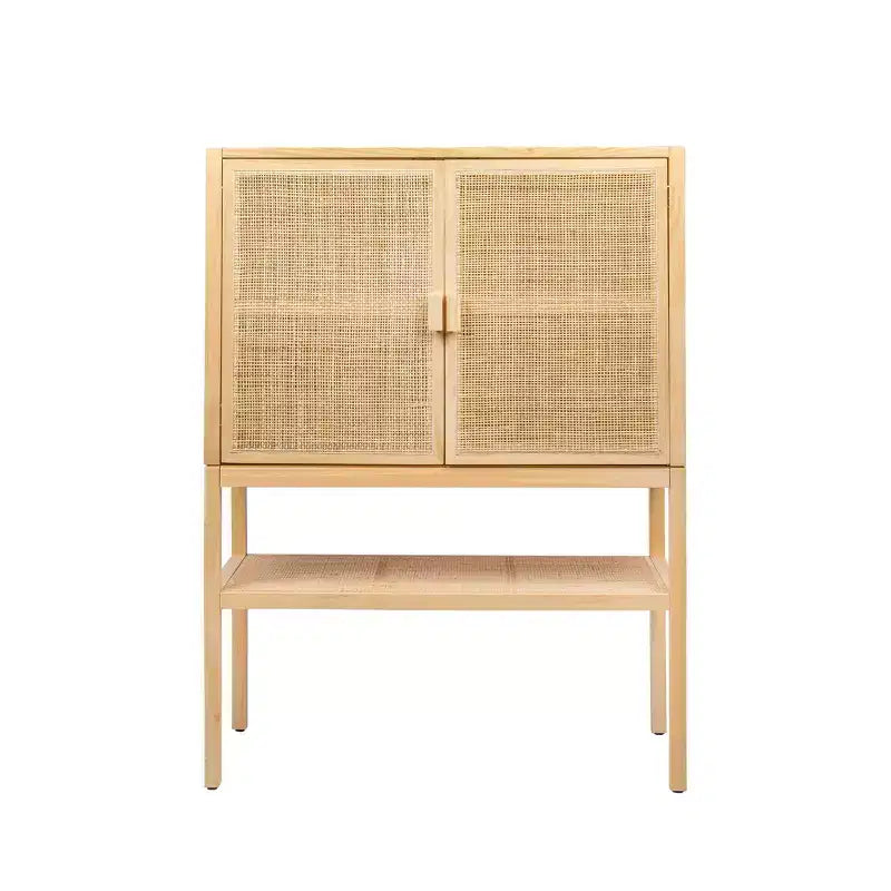 Storied Home Woven 47" Tall Decorative Storage Cabinet Natural: Rattan & Pine, 2-Door with Shelf