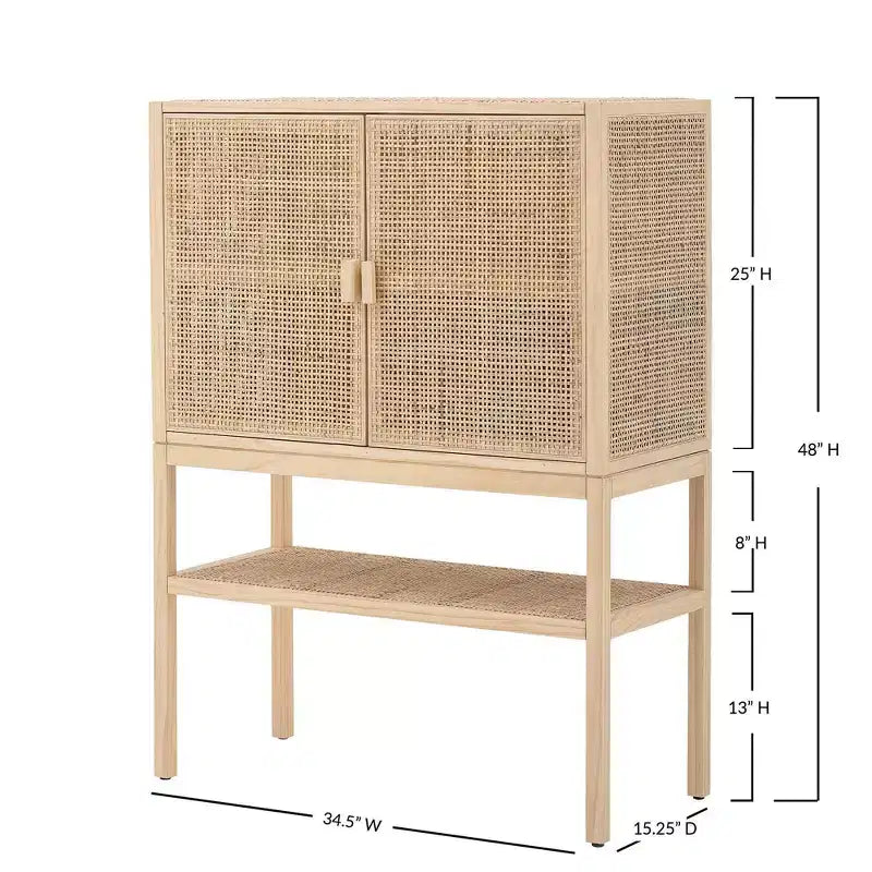 Storied Home Woven 47" Tall Decorative Storage Cabinet Natural: Rattan & Pine, 2-Door with Shelf
