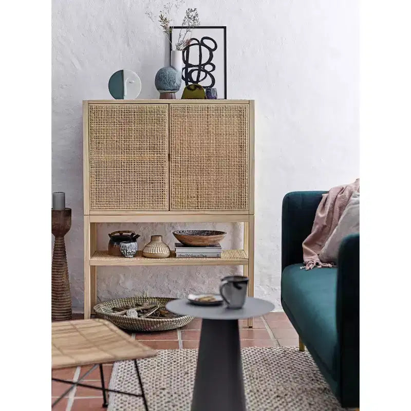 Storied Home Woven 47" Tall Decorative Storage Cabinet Natural: Rattan & Pine, 2-Door with Shelf