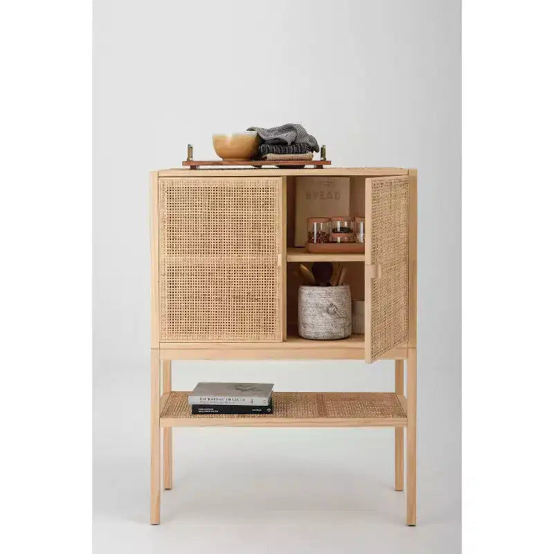 Storied Home Woven 47" Tall Decorative Storage Cabinet Natural: Rattan & Pine, 2-Door with Shelf