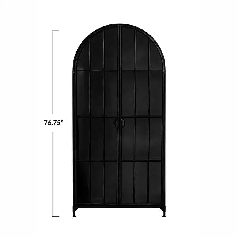 Storied Home Arched 76" Tall Decorative Storage Cabinet Black: Iron Frame, Glass Surface, Fixed Shelves