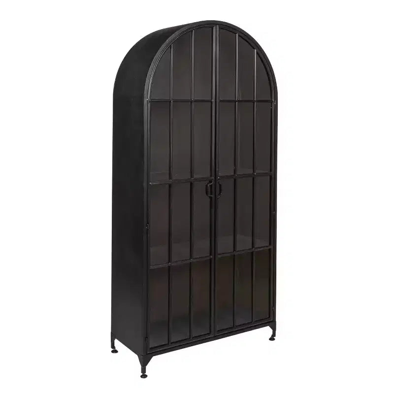 Storied Home Arched 76" Tall Decorative Storage Cabinet Black: Iron Frame, Glass Surface, Fixed Shelves