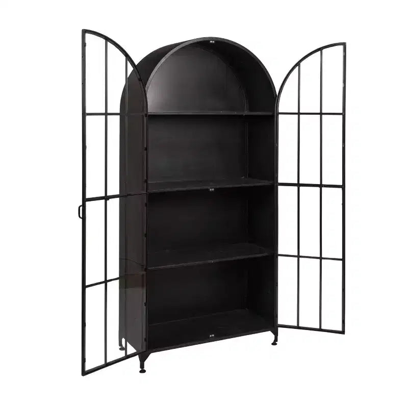 Storied Home Arched 76" Tall Decorative Storage Cabinet Black: Iron Frame, Glass Surface, Fixed Shelves