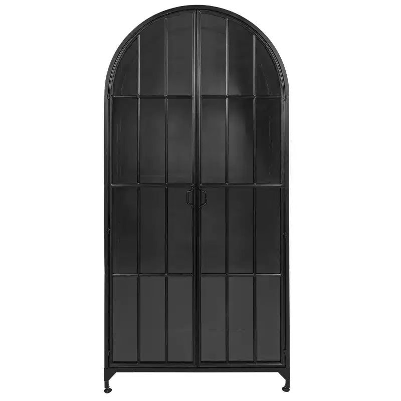 Storied Home Arched 76" Tall Decorative Storage Cabinet Black: Iron Frame, Glass Surface, Fixed Shelves