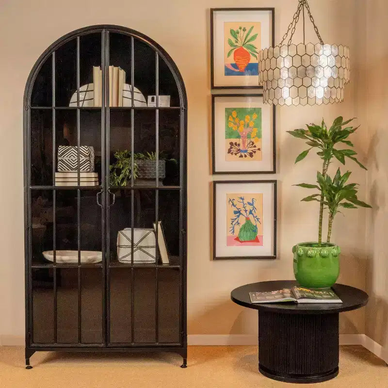 Storied Home Arched 76" Tall Decorative Storage Cabinet Black: Iron Frame, Glass Surface, Fixed Shelves