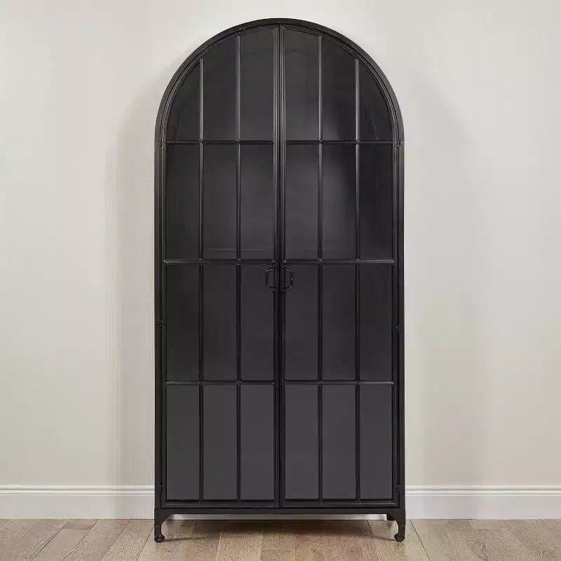 Storied Home Arched 76" Tall Decorative Storage Cabinet Black: Iron Frame, Glass Surface, Fixed Shelves