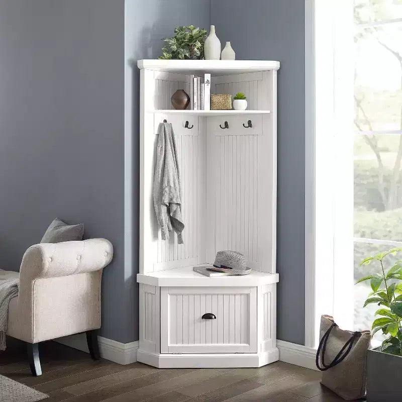 Mobile da ingresso Seaside Corner Hall Tree bianco anticato: Organizzatore con scarpiera e 4 ganci