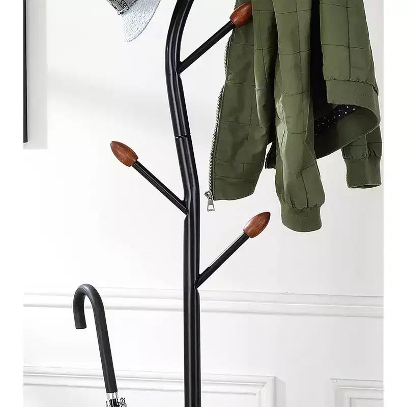 76" Billie Black Tree Coat Rack Walnut Hooks with Umbrella Stand - Ore International