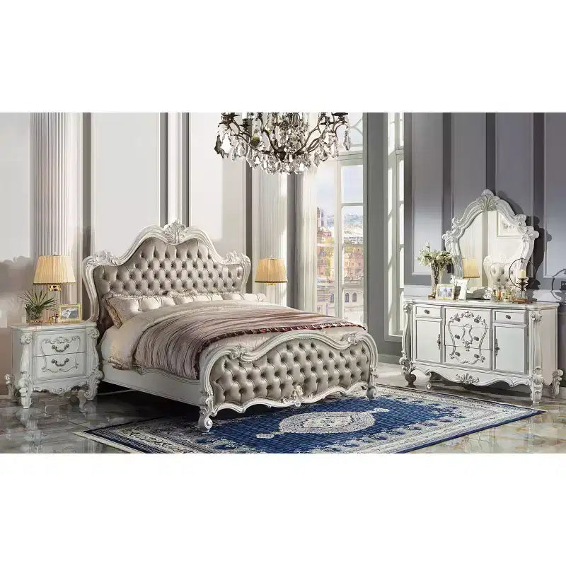 99" Queen Bed Versailles Vintage Gray PU Leather, Button Tufted - Acme Furniture