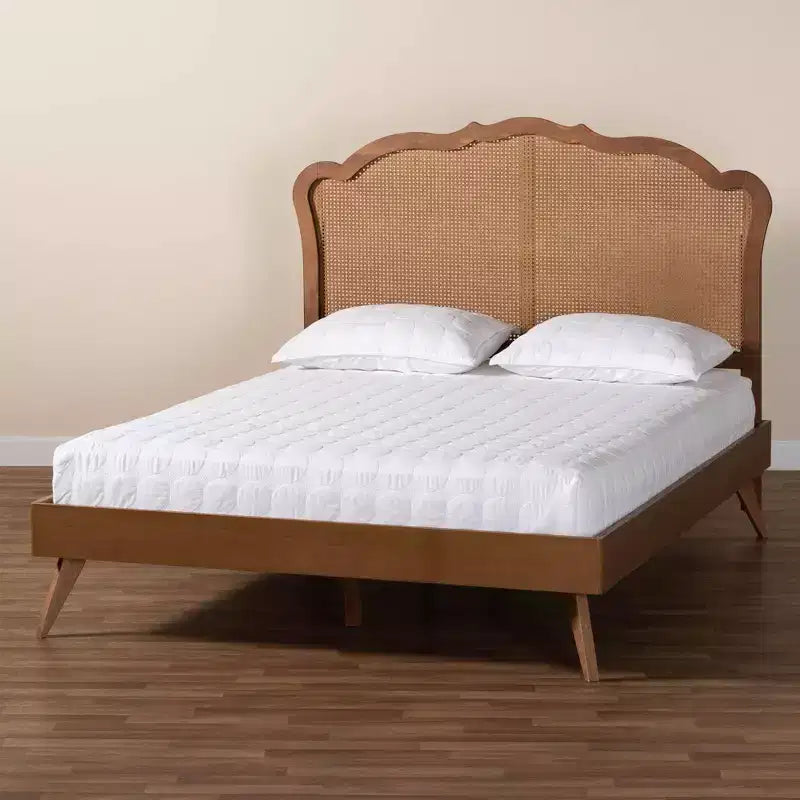 Baxton Studio Queen Aithan Wood and Rattan Platform Bed Walnut Brown