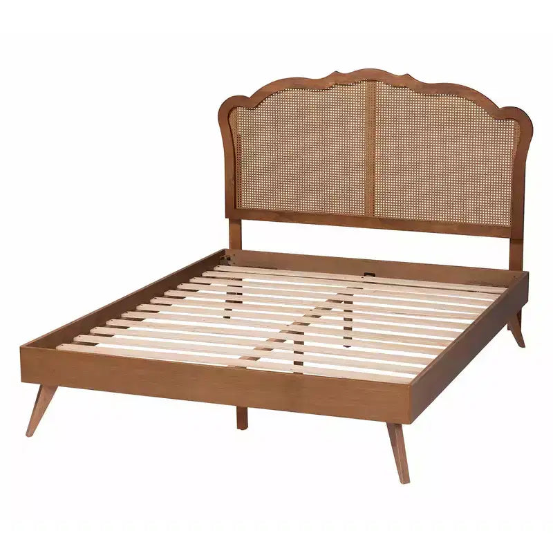 Baxton Studio Queen Aithan Wood and Rattan Platform Bed Walnut Brown