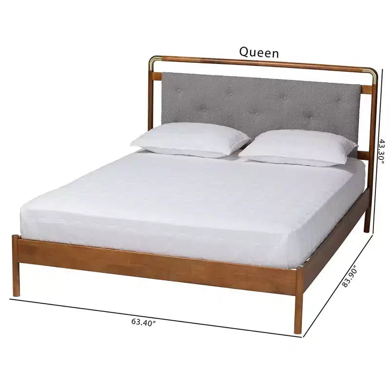 Lit plateforme Edwina en tissu bouclé et bois, format Queen size, gris clair/noyer marron, par Baxton Studio