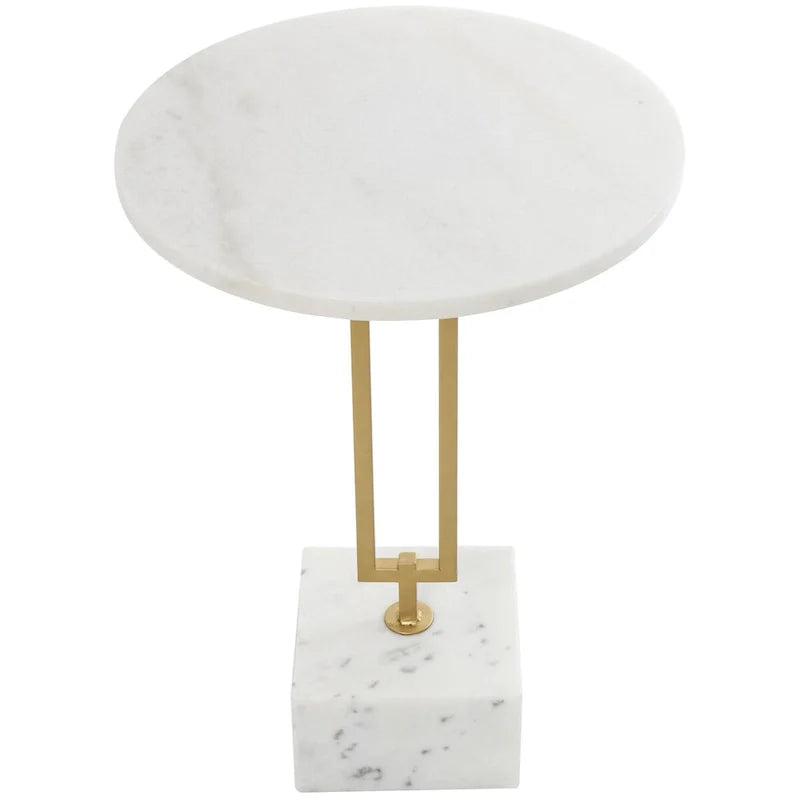 Tavolino d'appoggio/laterale geometrico in marmo con base rettangolare in metallo dorato - Bianco