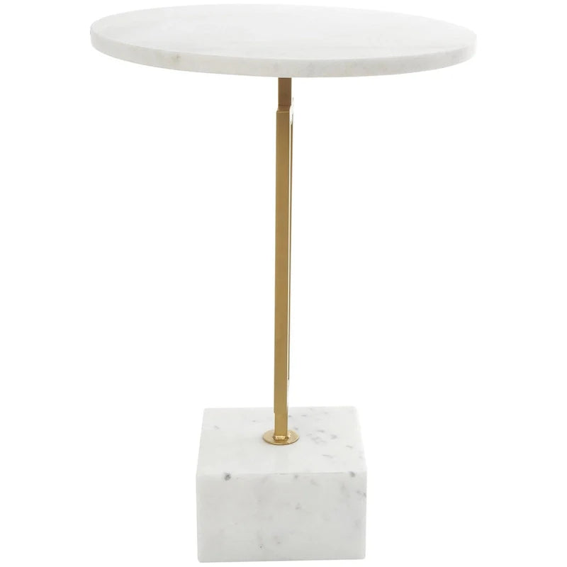 Tavolino d'appoggio/laterale geometrico in marmo con base rettangolare in metallo dorato - Bianco