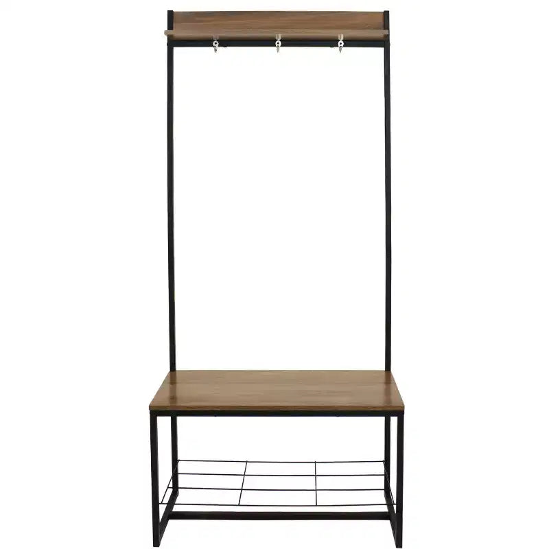 Panca appendiabiti da ingresso in stile industriale con scarpiera - Ripiani in MDP con struttura in acciaio verniciato a polvere - Marrone - 170 cm