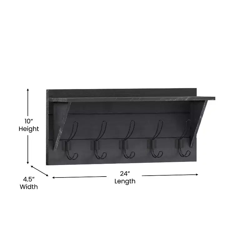 Flash Furniture Daly Wall Mounted Solid Pine Wood Storage Rack with Upper Shelf and 5 Hanging Hooks For Entryway, Kitchen, Bathroom