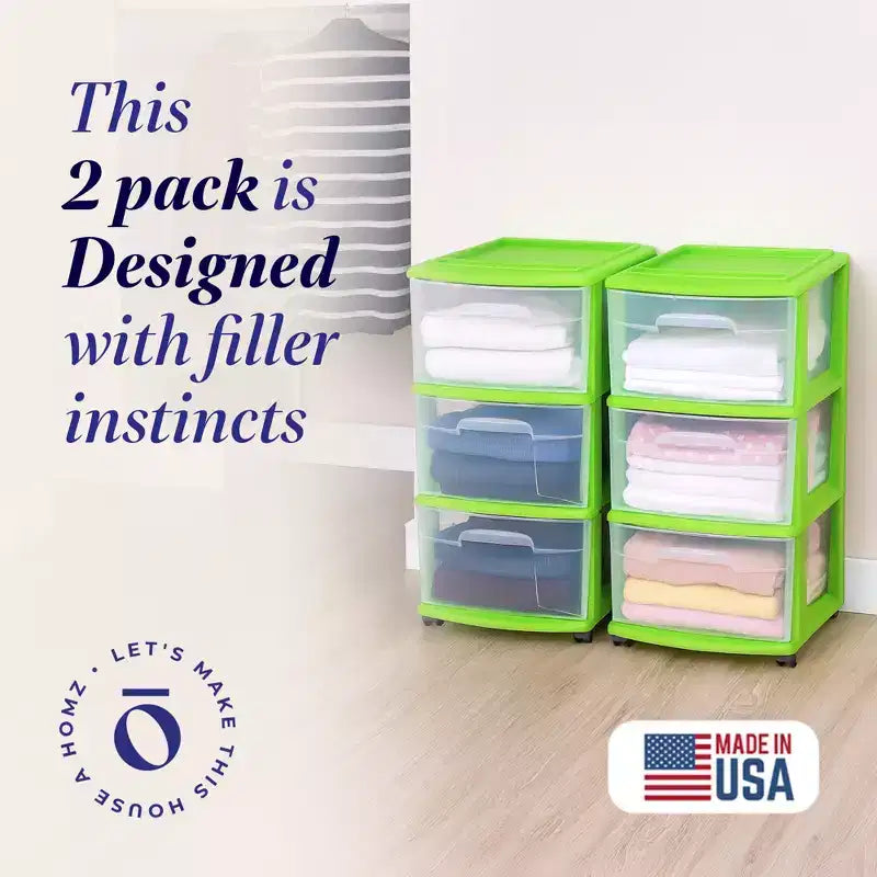 Homz 3 Drawer Medium Storage Container Tower, Clear Drawers/Lime Frame (2 Pack)