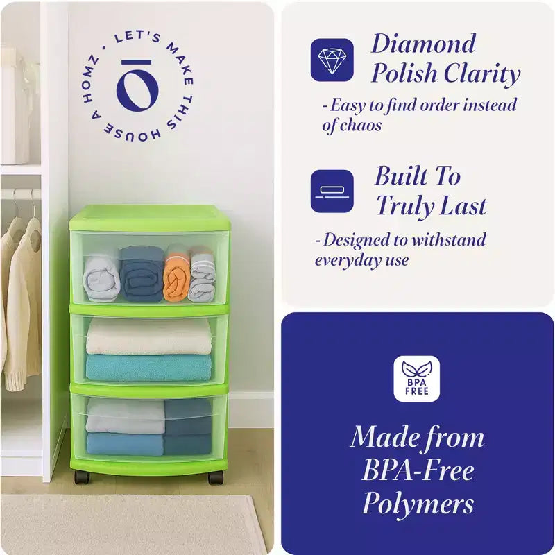 Homz 3 Drawer Medium Storage Container Tower, Clear Drawers/Lime Frame (2 Pack)