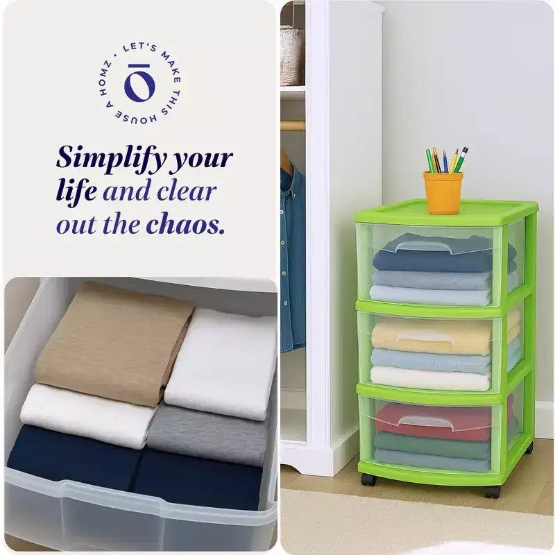 Homz 3 Drawer Medium Storage Container Tower, Clear Drawers/Lime Frame (2 Pack)